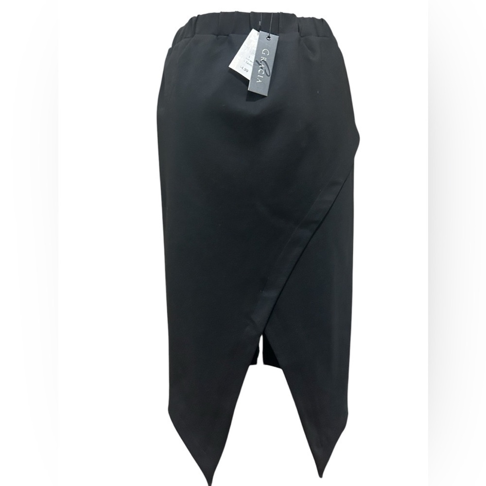 Gracia Black Faux Leather Midi Pencil Skirt Slit Clean Girl Minimalist Large
